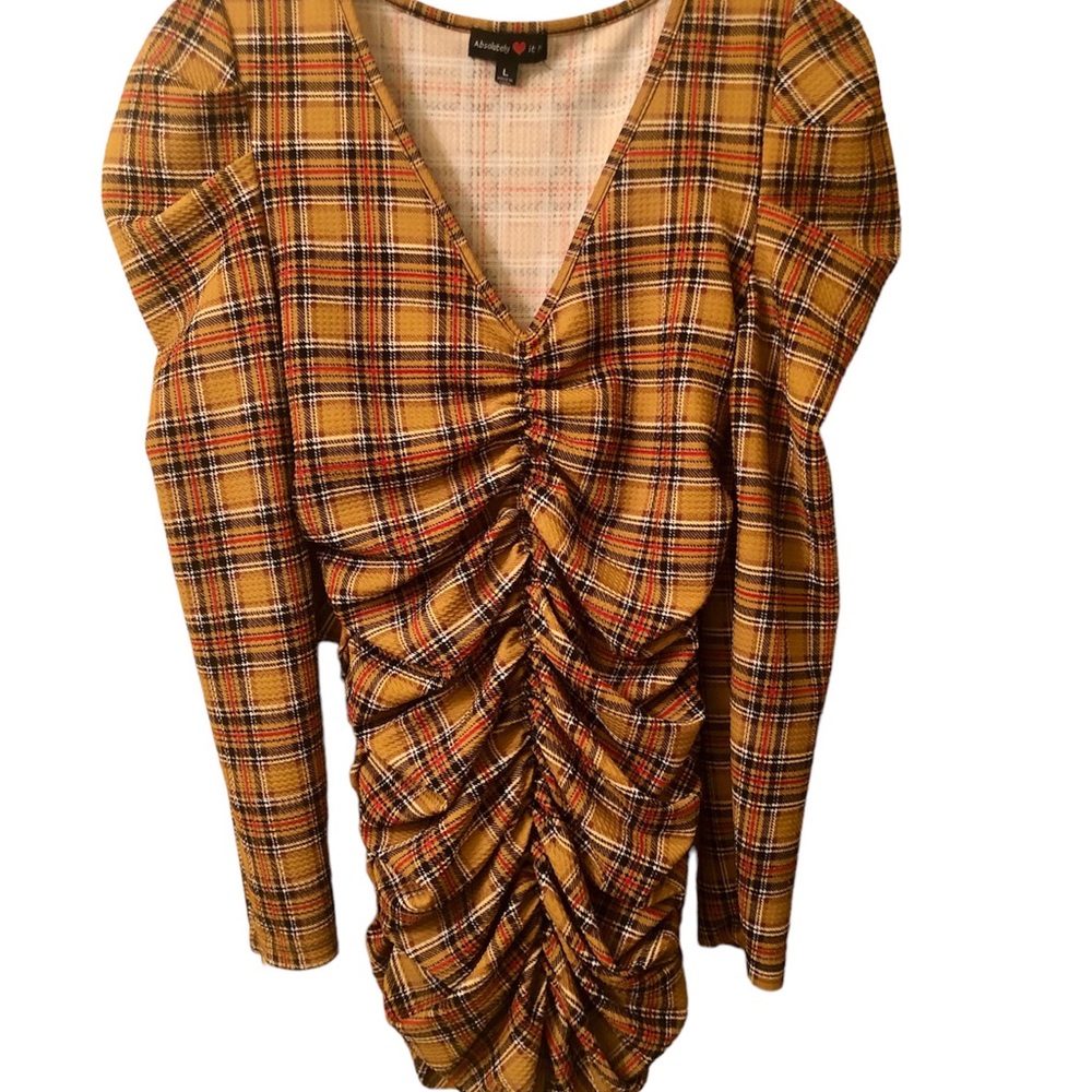 Absolutely Love It Dress Plaid Ruching Puffy Sleeves Sz. Juniors Large